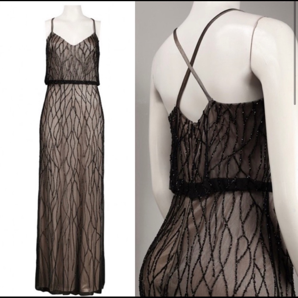 Black nude vine beaded blouson long dress